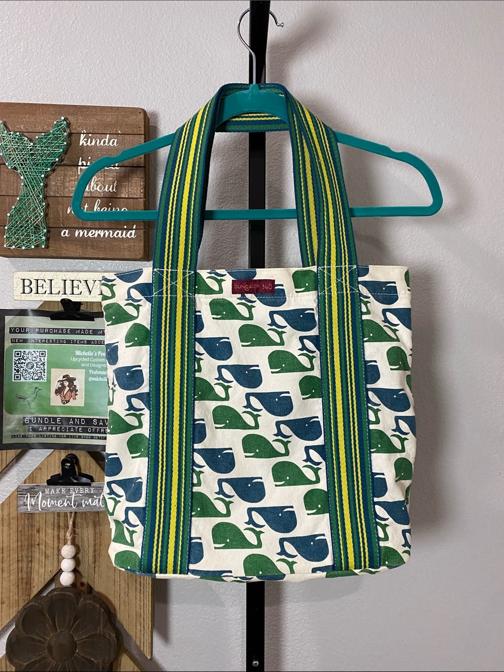 bungalow 360 Canvas Whale Print Tote in Green & Blue with Striped Handles